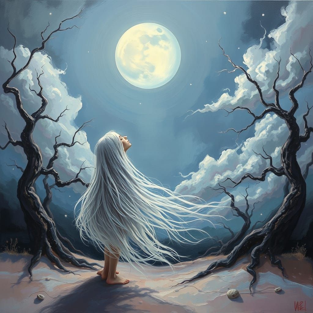 Surreal Landscape with Ethereal Being in Muted Blues and Pur...