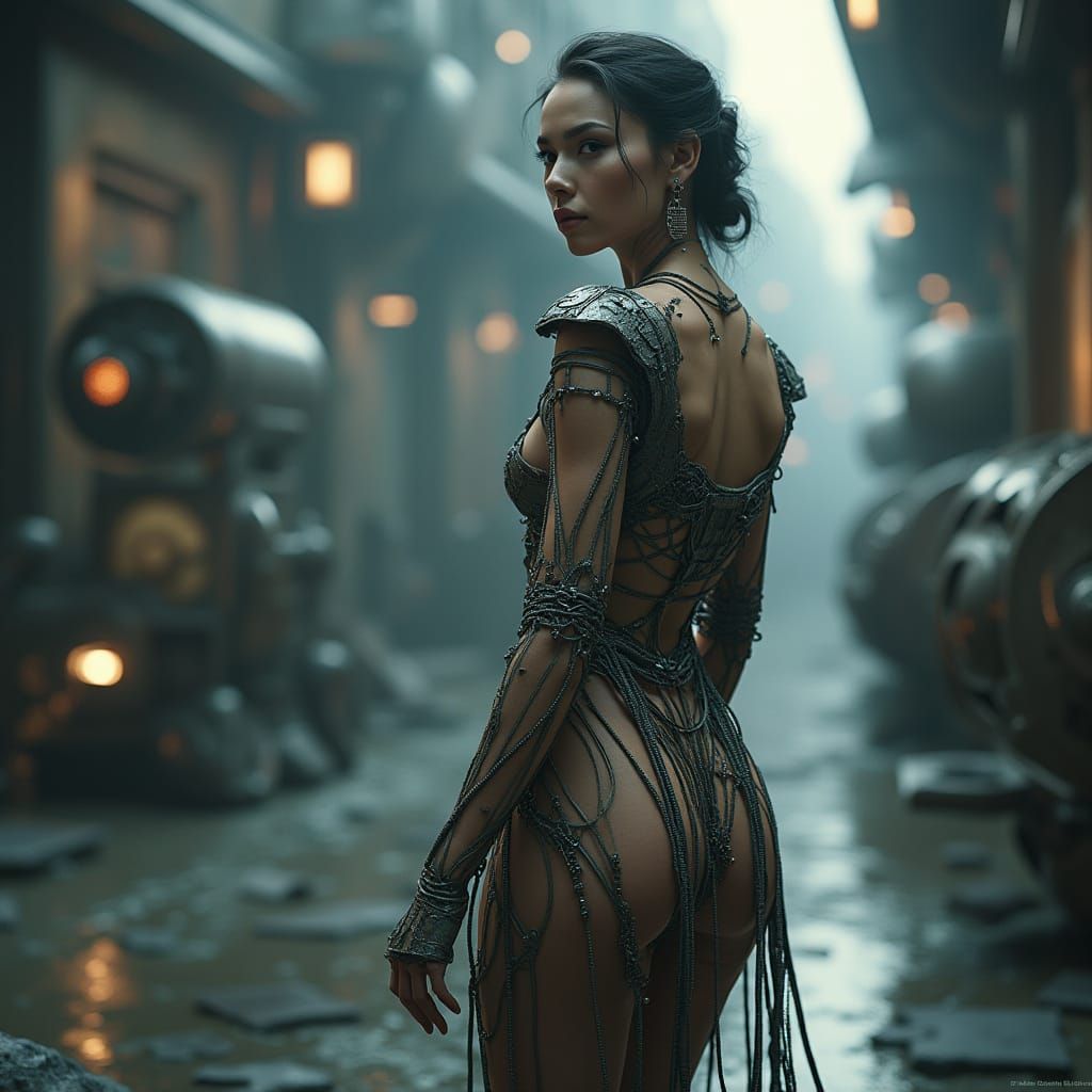 Woman in Macrame Dress in Sci-Fi Setting