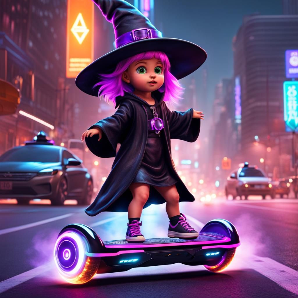 Witch Toddler Rides Futuristic Hoverboard in Photorealistic ...