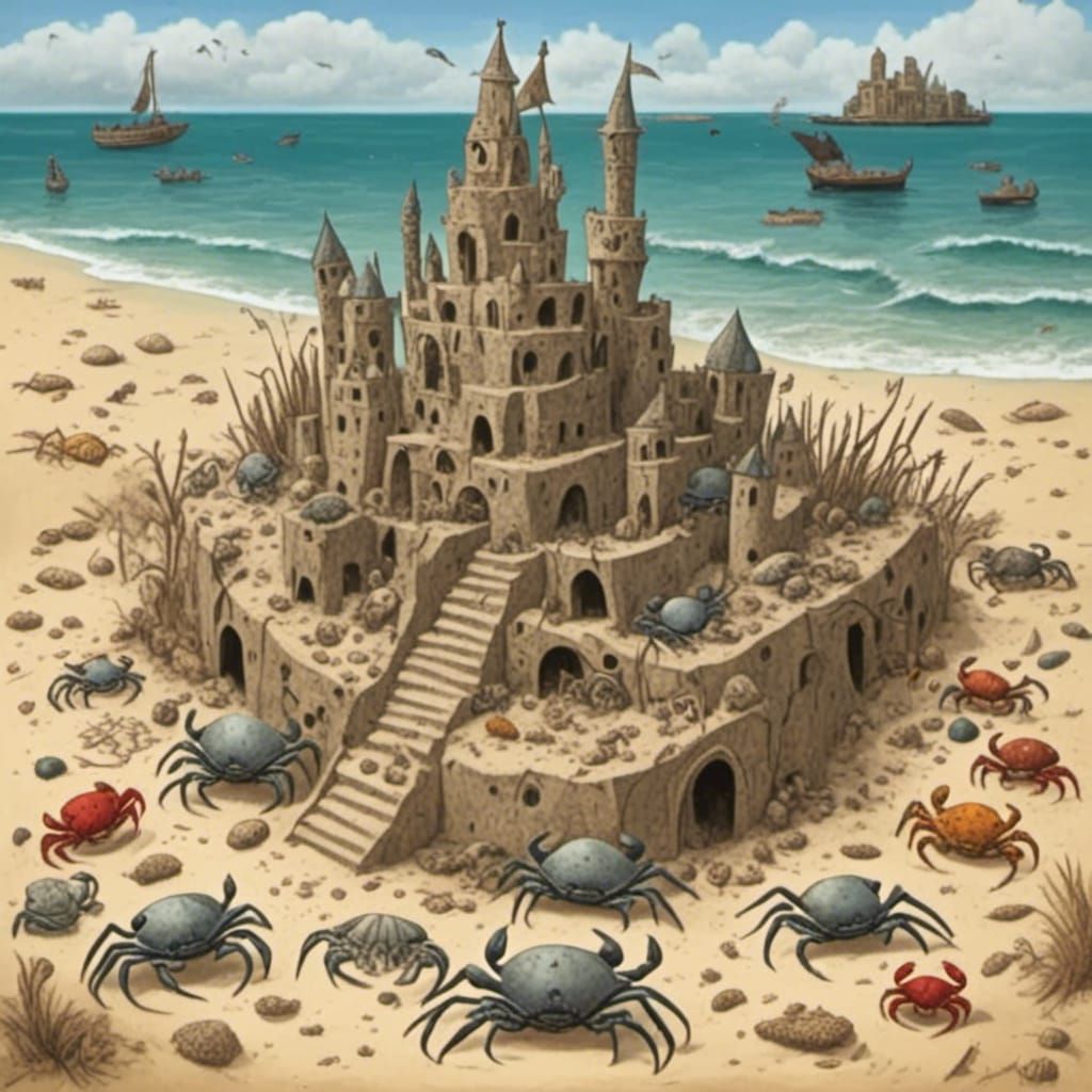 Seaside Sandcastle with Crabs and Seashells