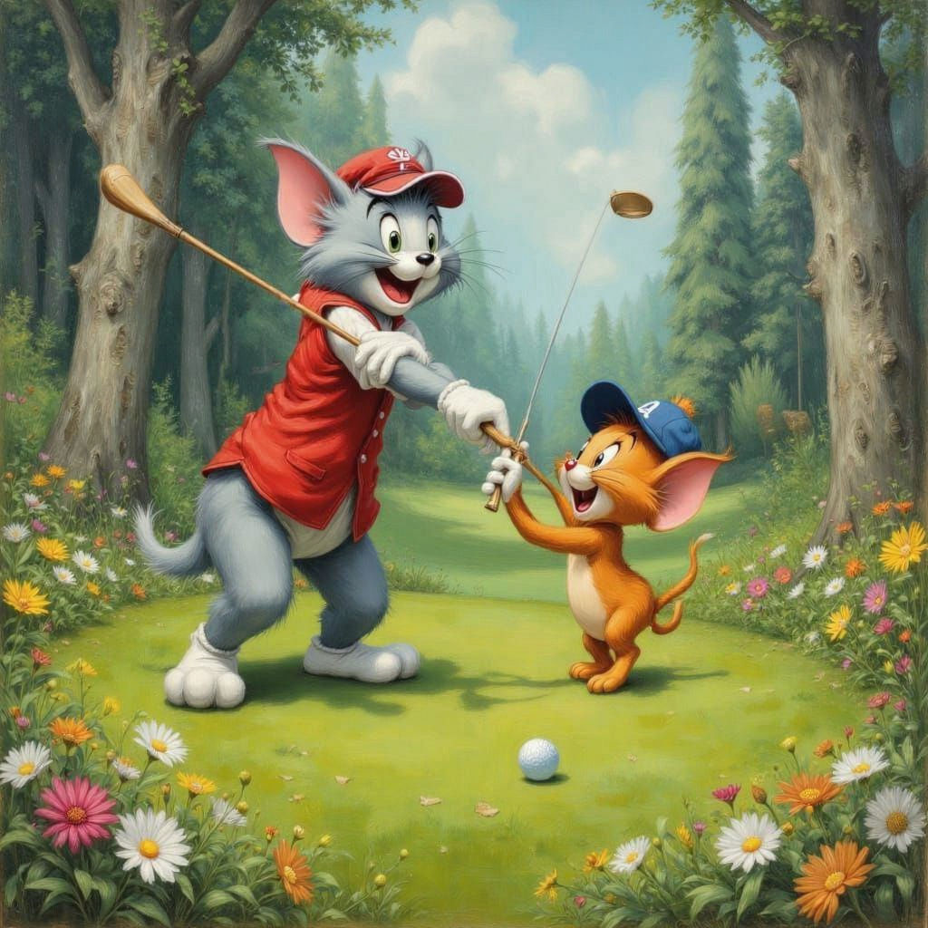 Tom and Jerry Play Golf in Hyperrealistic Oil Painting