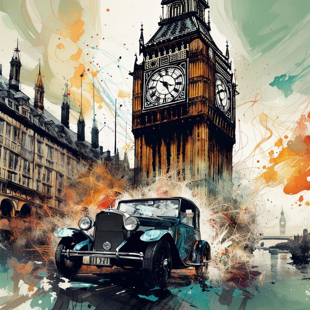 Austin 7 and Big Ben: Hyperrealistic Gouache Illustration