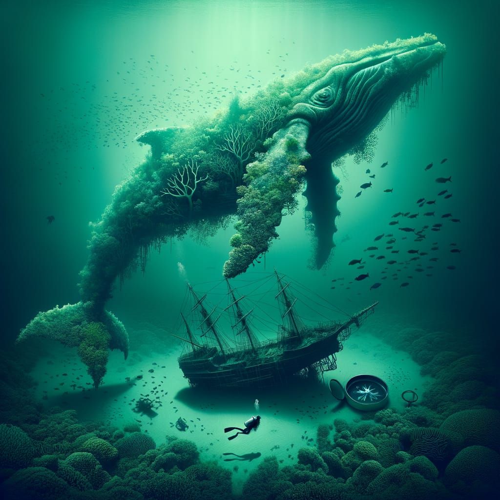 Coral Whale Silhouette in Dreamlike Underwater Scene