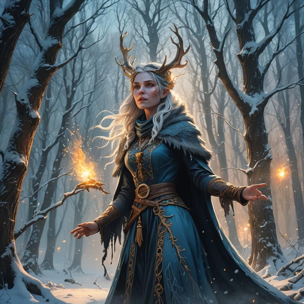 Winter Witch Casting Spell in Snowy Forest