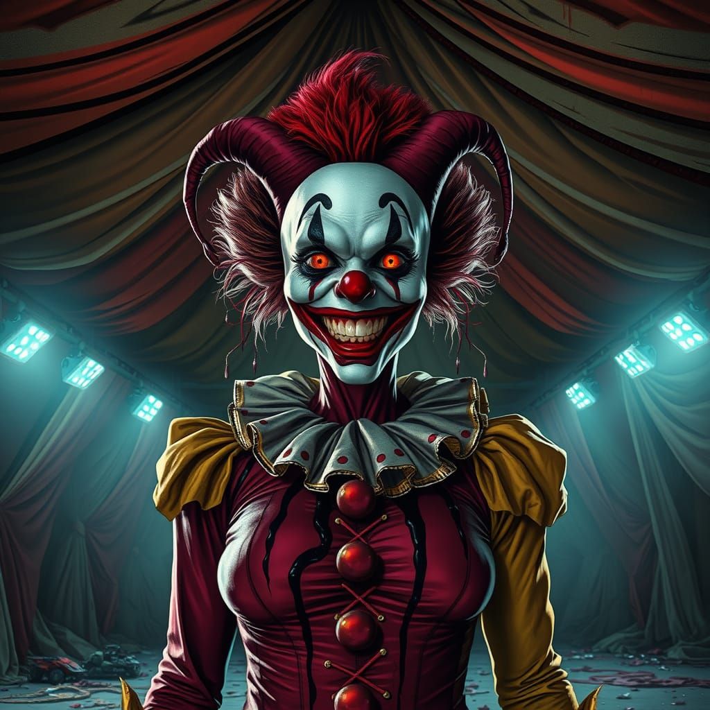 Grotesque Clown Villain in Ruined Circus, Gloomy Comic Style