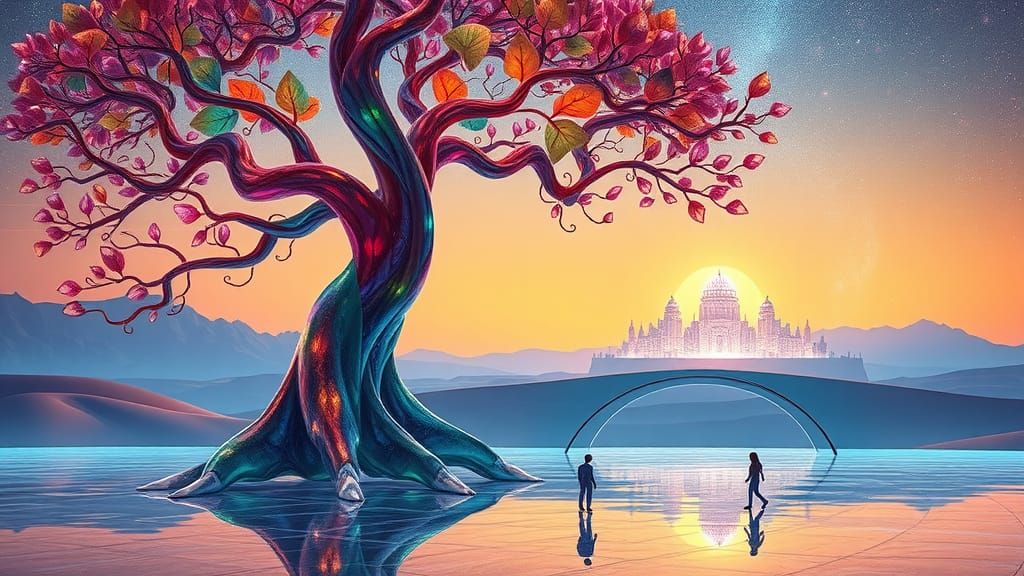 Glass Tree in Luminous Desert: Surreal Digital Art