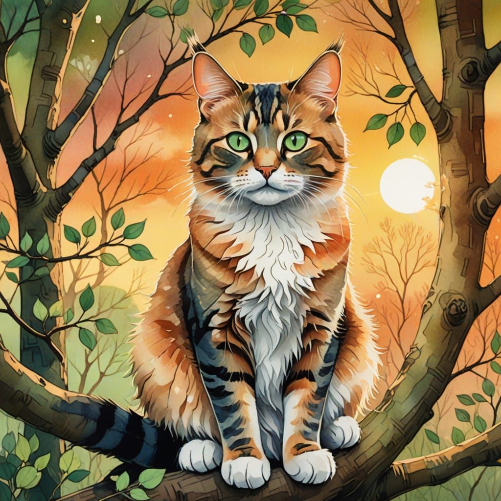 Whimsical Cat in Sunset Tree