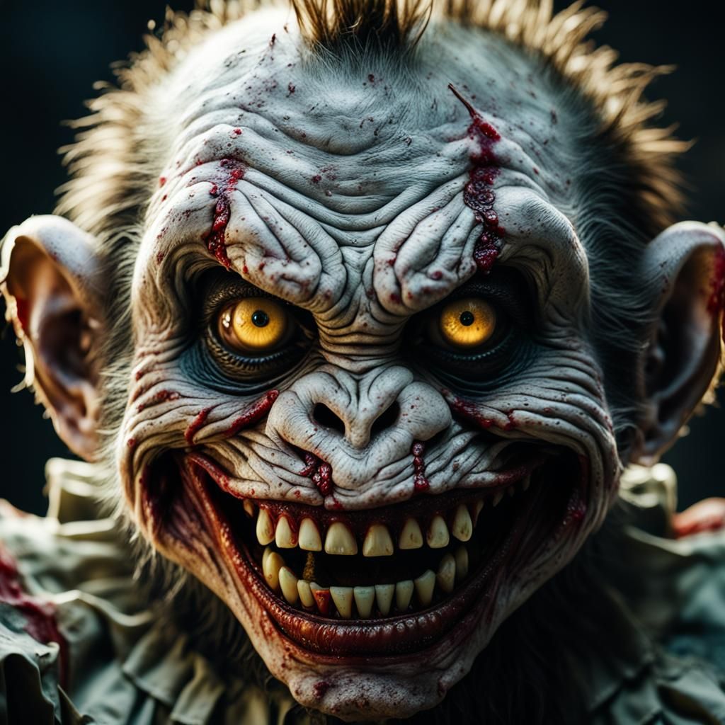 Grinning Zombie Monkey Monster Clown Toddler in Hyper-Realis...