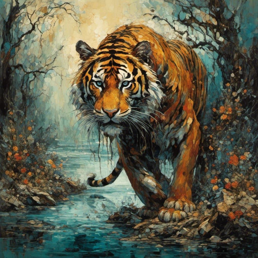 Tiger by the River in Abstract Art Style