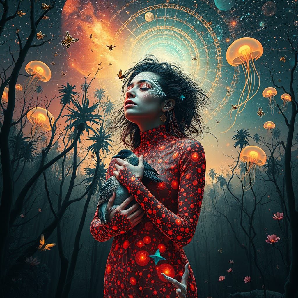 Surreal Bio-Art Woman in Trance in Mystical Forest