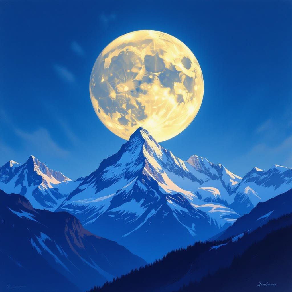 Luminous Full Moon Over Swiss Alps in James Gurney Style