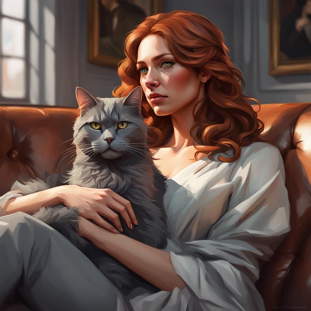 Grey Cat Portrait with Woman, Hyperdetailed Art