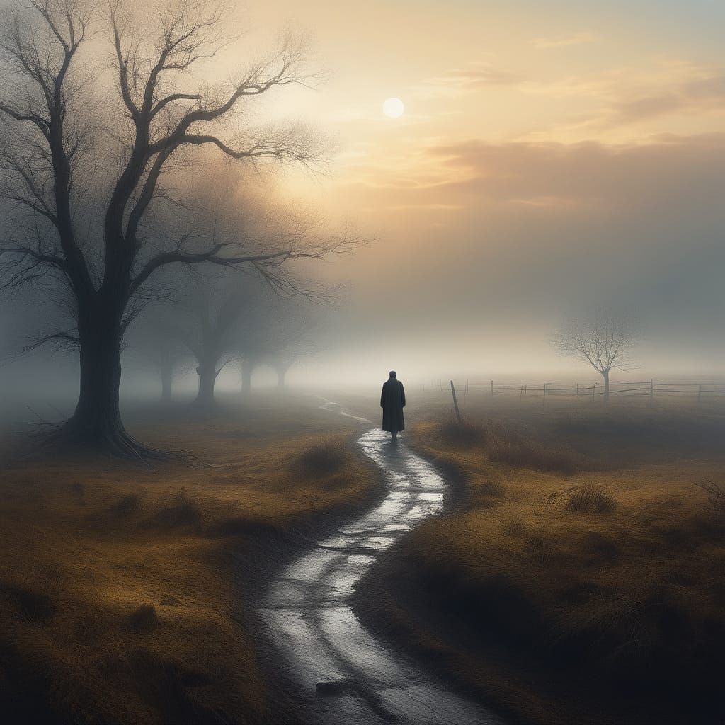 Lone Figure at Crossroads in Impressionistic Mist