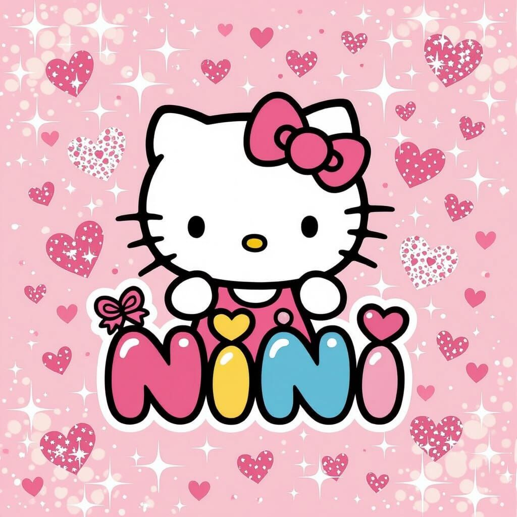 Cute Hello Kitty Illustration with Hearts and Sparkles