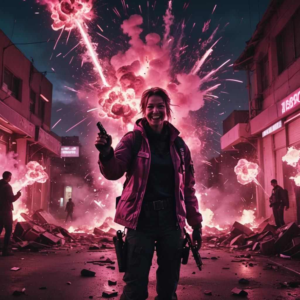 Neon Assassin with Pink Explosions, Cinematic Still