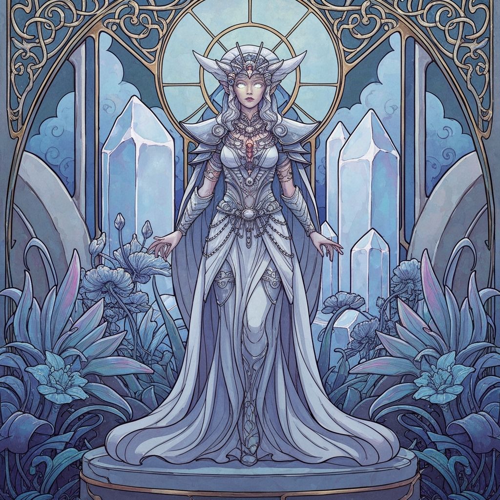 Eldar Warrior Before Crystal Monolith in Art Nouveau Style