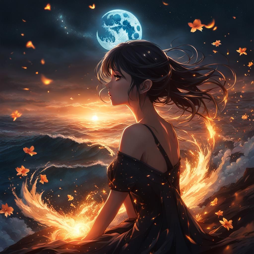 Anime Girl Gazing at Exploding Starry Sky