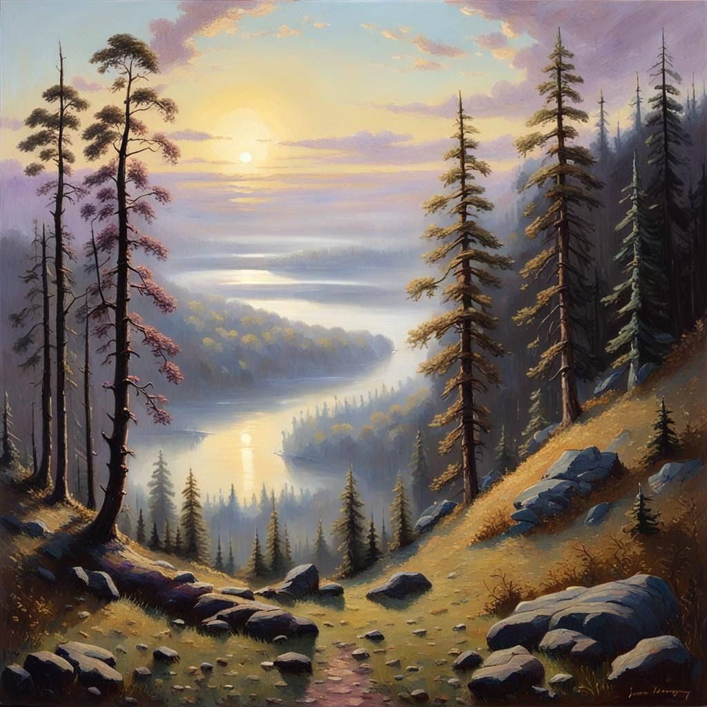 Enchanted Forest Valley Sunrise as Oil Painting