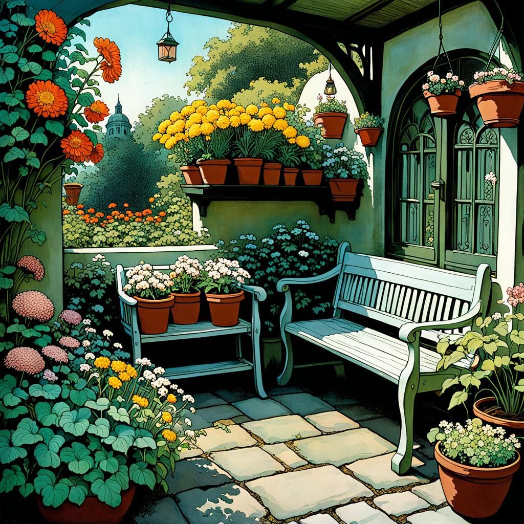 Intricate Garden Seating Area in Golden Age Illustration Sty...