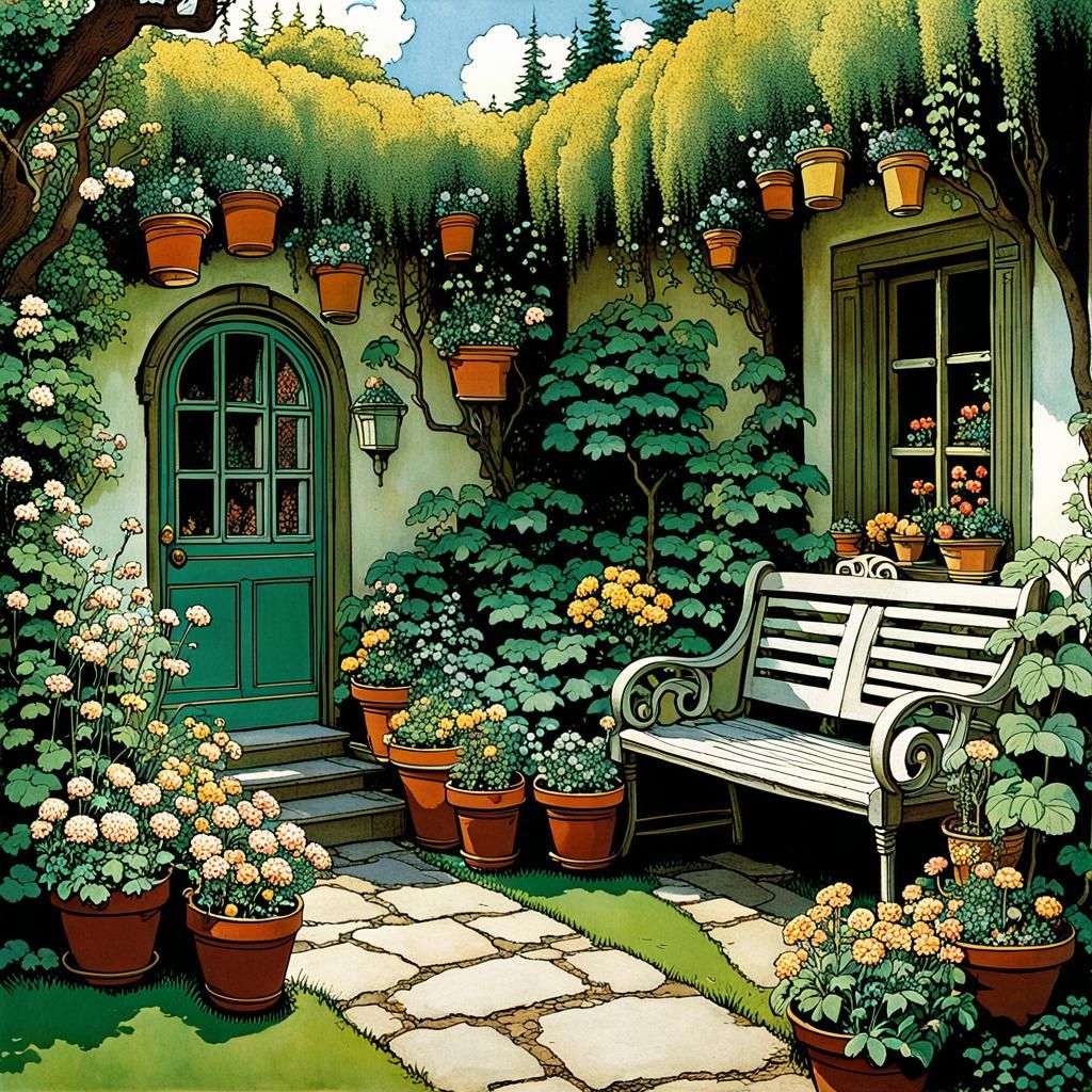 Blooming Garden Seating Area in Whimsical Style