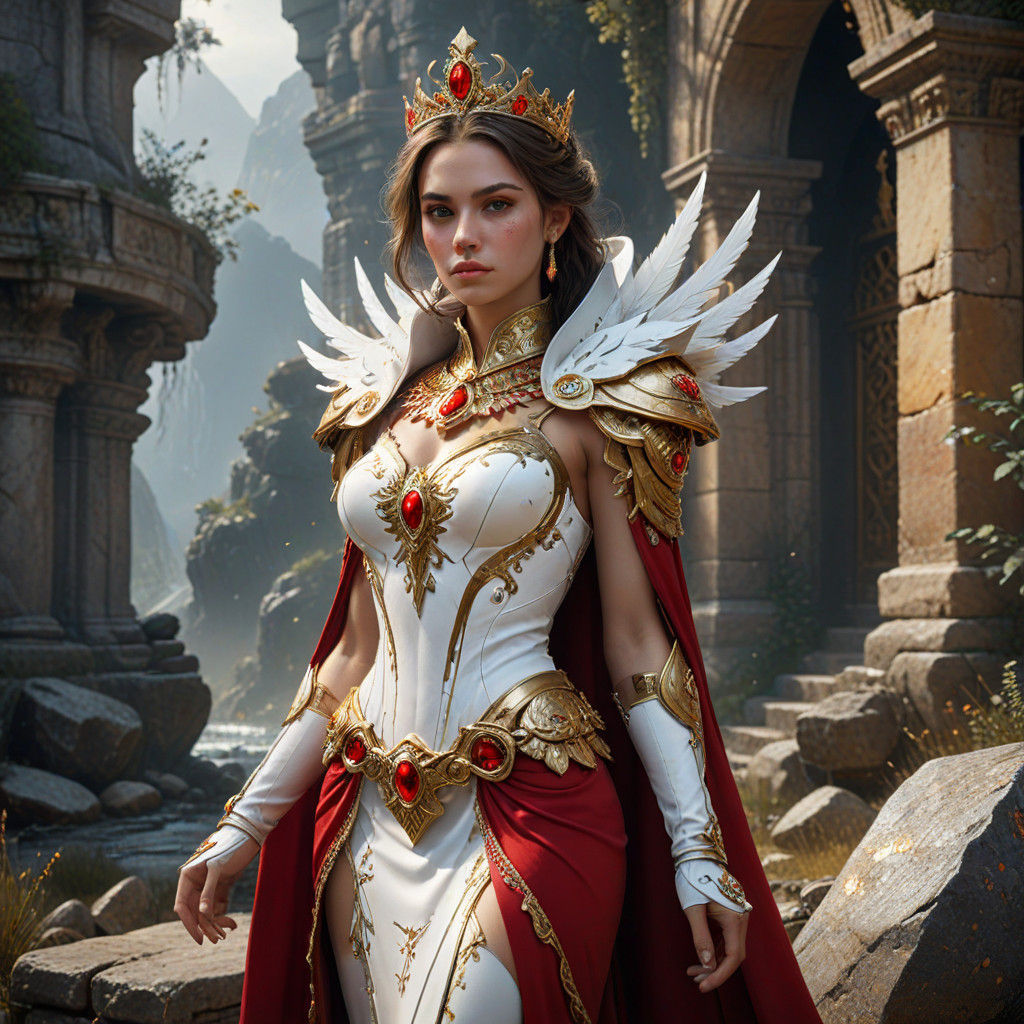 Majestic Heroine in Elegant White Attire, Adorned with Golde...