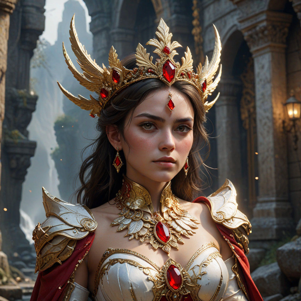 Majestic Heroine in Elegant White Attire with Golden Accents