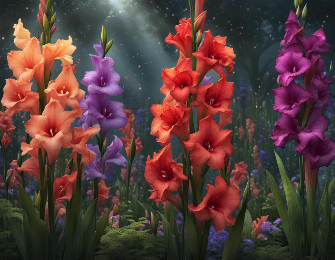 Gladiolus Flowers in Garden with Morning Dew