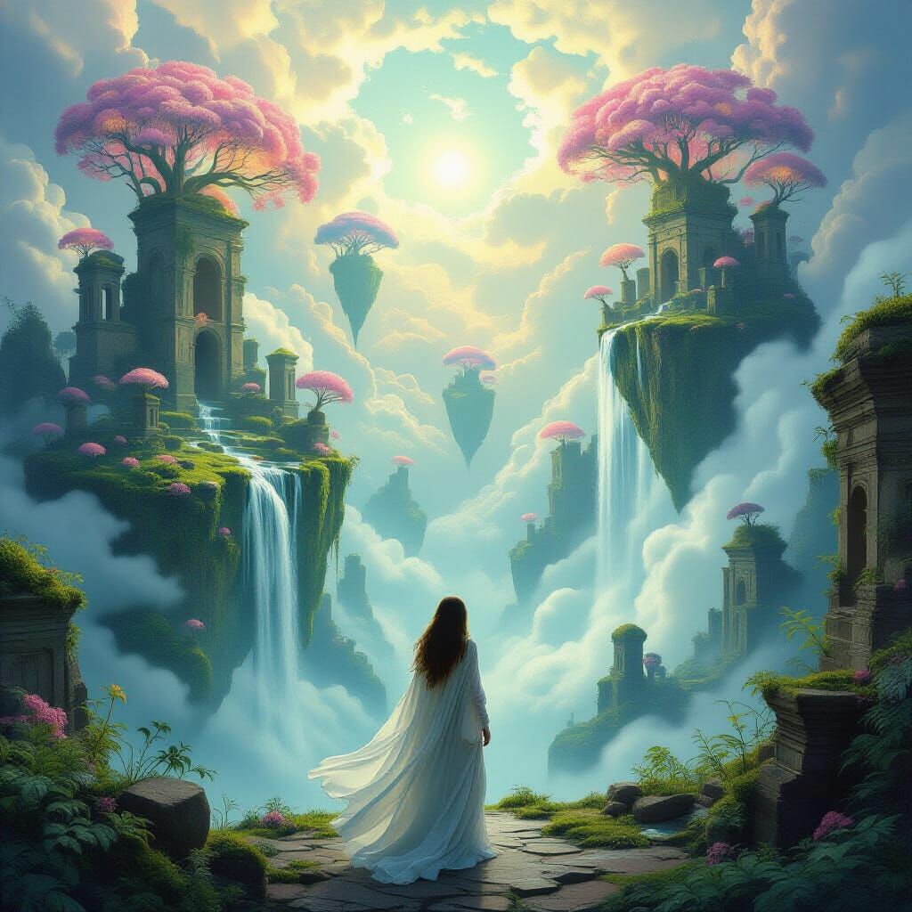 Surreal Dreamscape with Floating Islands and Upward Streams