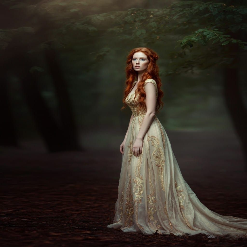 Red-Haired Maiden in Misty Forest, Fine Art Portrait