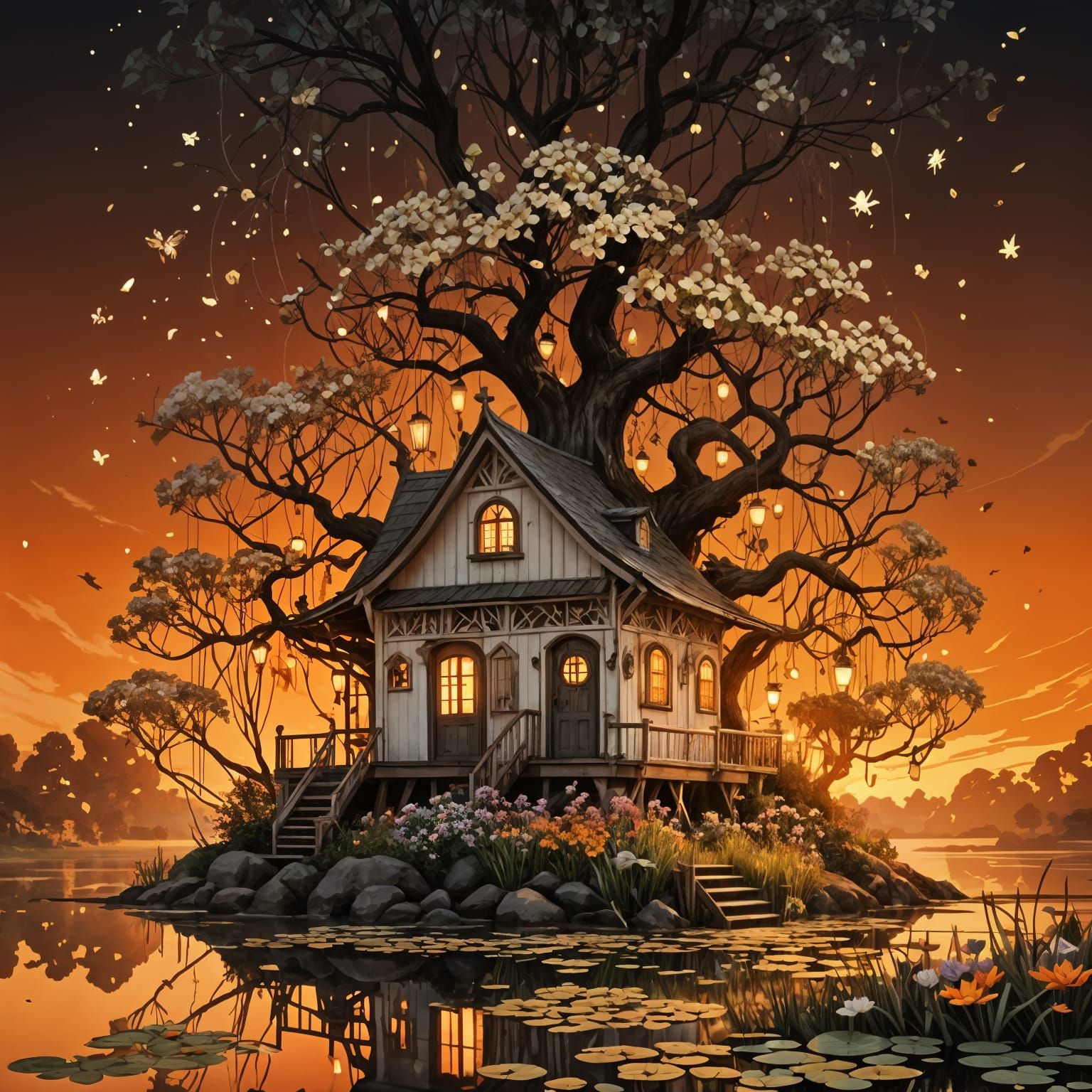 Enchanted Boathouse on Lake at Sunset