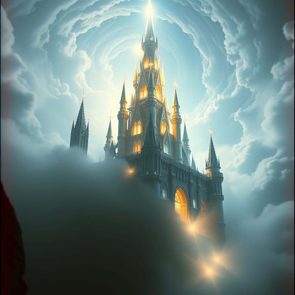 Ethereal Crystal Castle Radiates Inner Light Amidst Swirling...