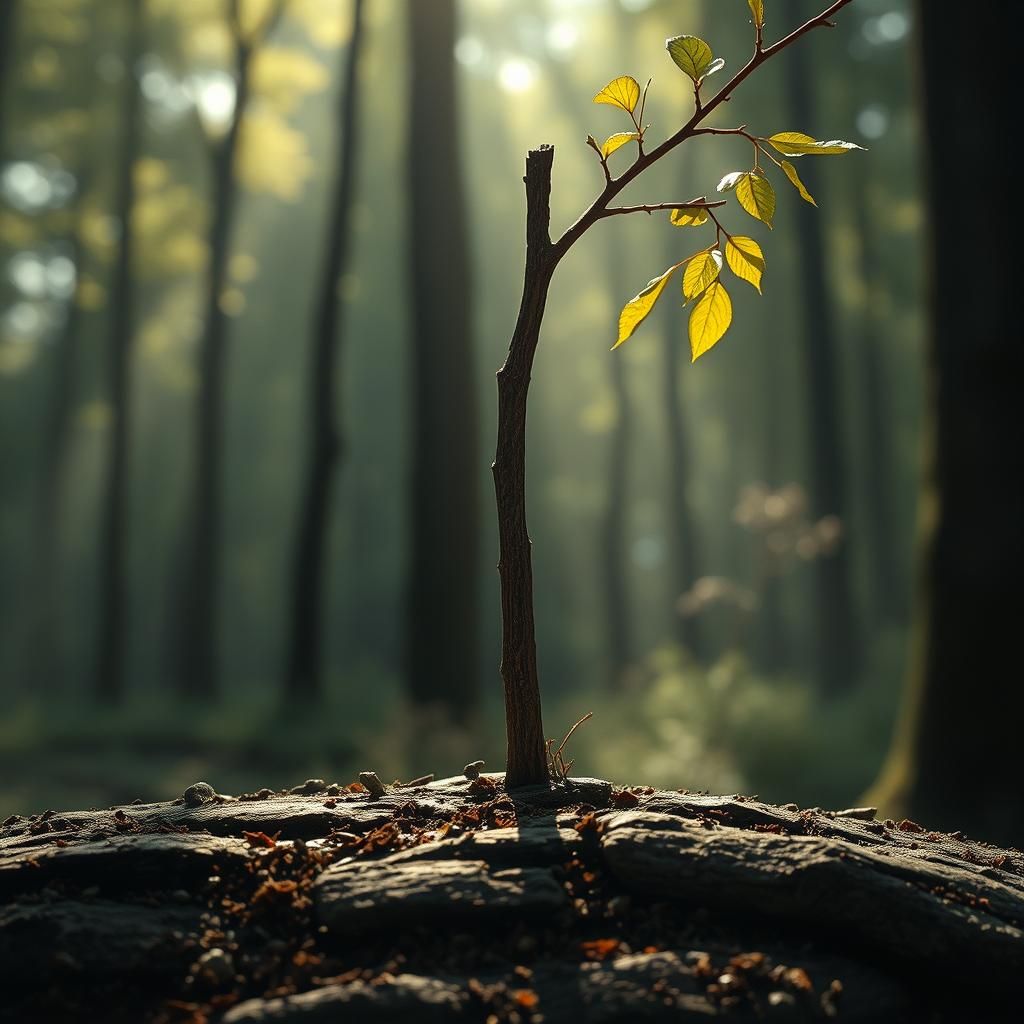 Rod Emerging from Root in Hyperrealistic Forest Scene