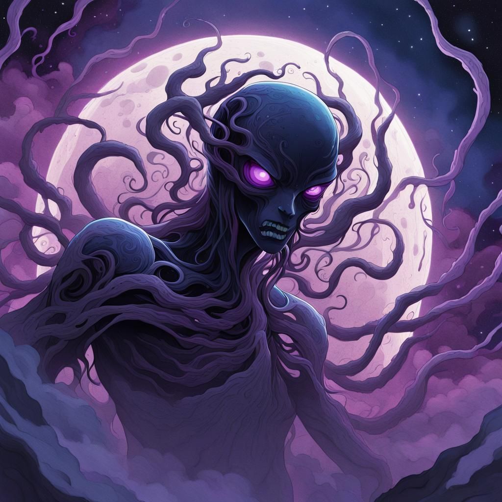 Cosmic Horror: Entity Engulfs Moon in Anime Art