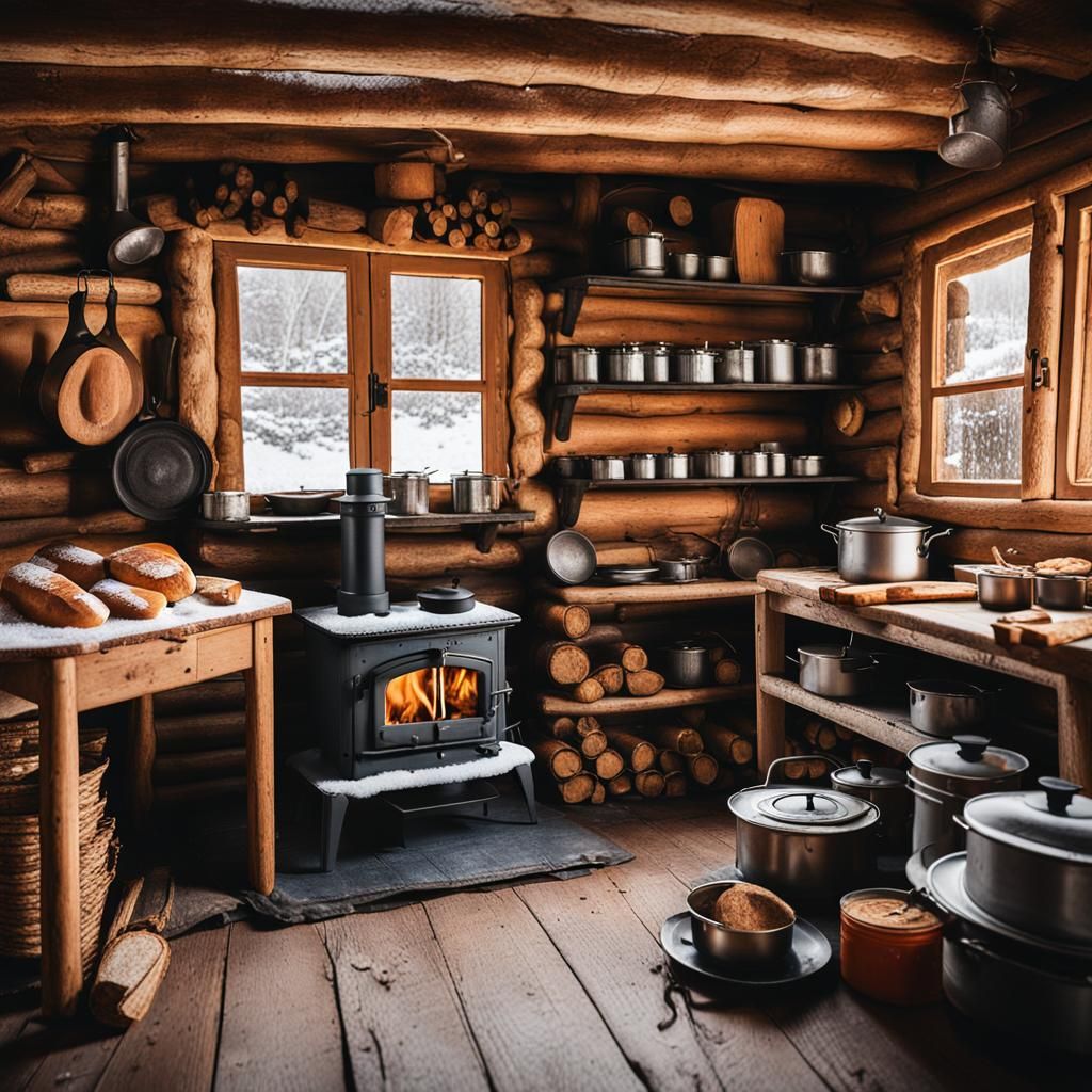 Cozy Log Cabin Interior with Wood Stove
