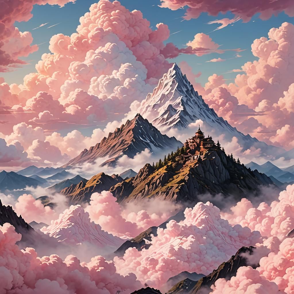 Fantasy Mountain Peak in Dreamy Watercolor Style