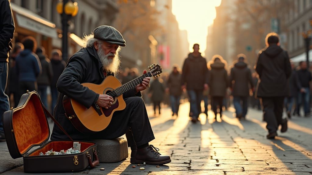 Street Musician Plays Guitar at Sunset