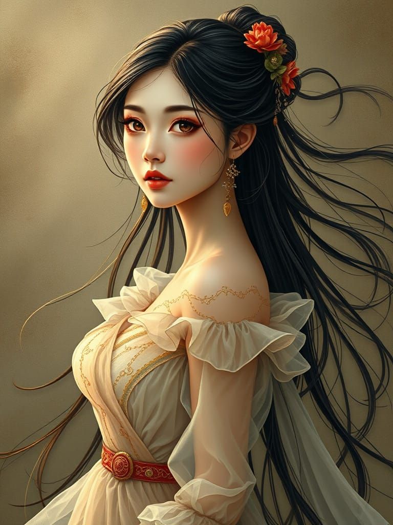 Elegant Asian Goddess with Mathematical Hair