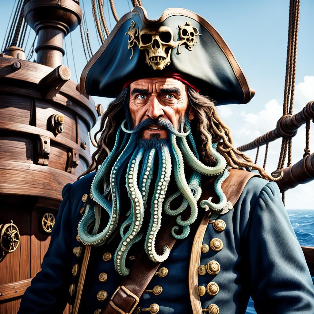 Pirate Captain with Octopus Beard on Ship
