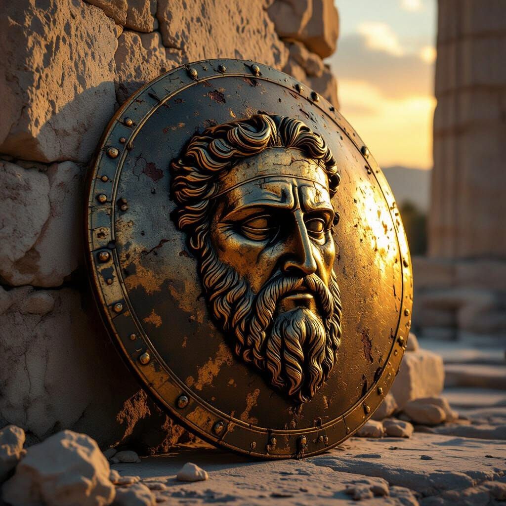 Ancient Greek Shield with Battle-Worn Face Against Temple Wa...
