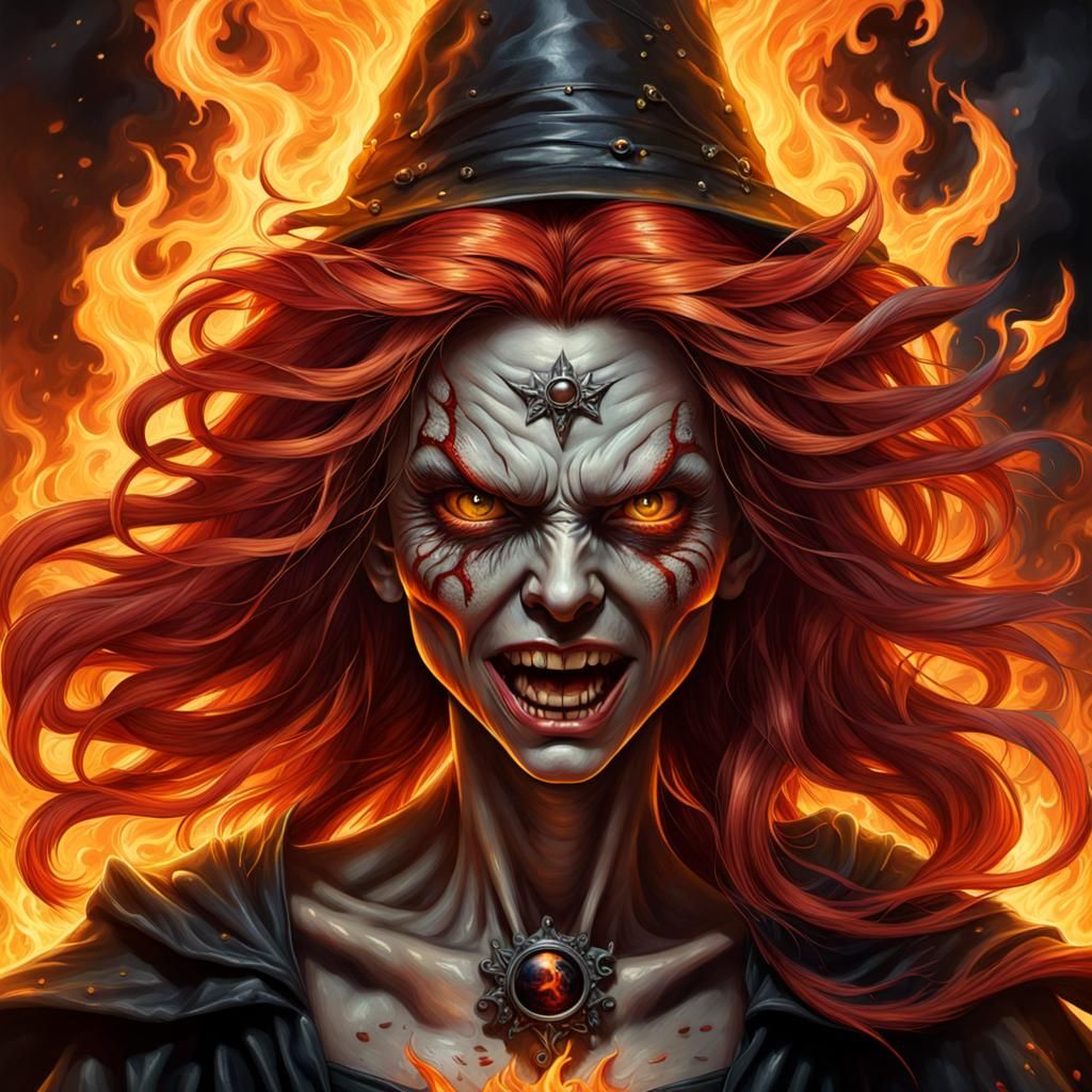 Fiery Witch Rebirth in Photorealistic Style