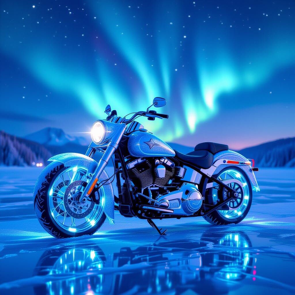 Ice Motorcycle on Frozen Lake Under Aurora