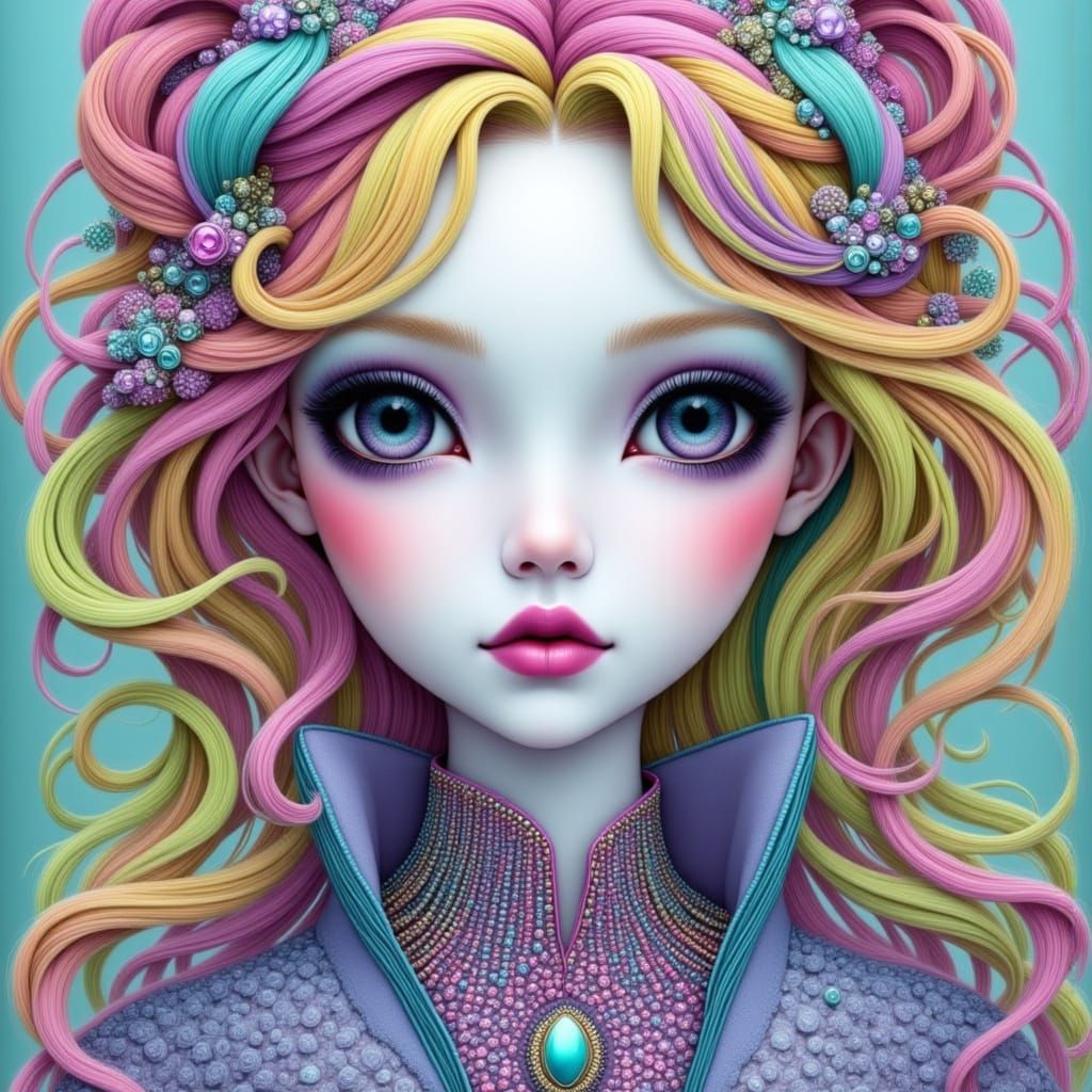 Glamorous Foxy Woman with Rainbow Hair and Gemstones