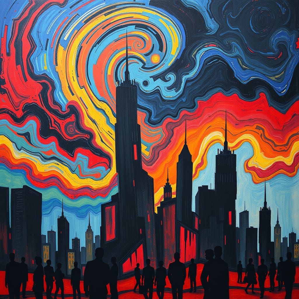 Turmoil in the City: Distorted Skyscrapers and Swirling Skie...