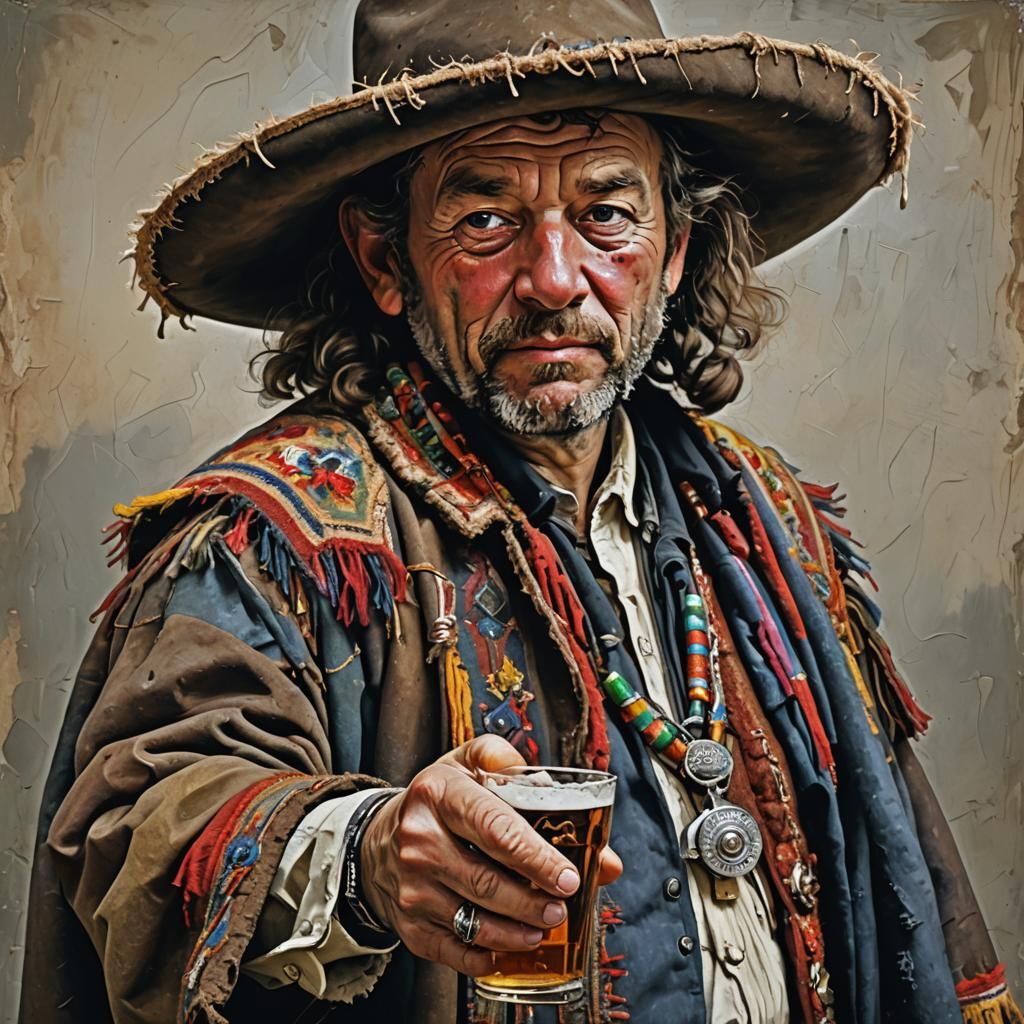 Drunk Man with Revolver in Rembrandt Style