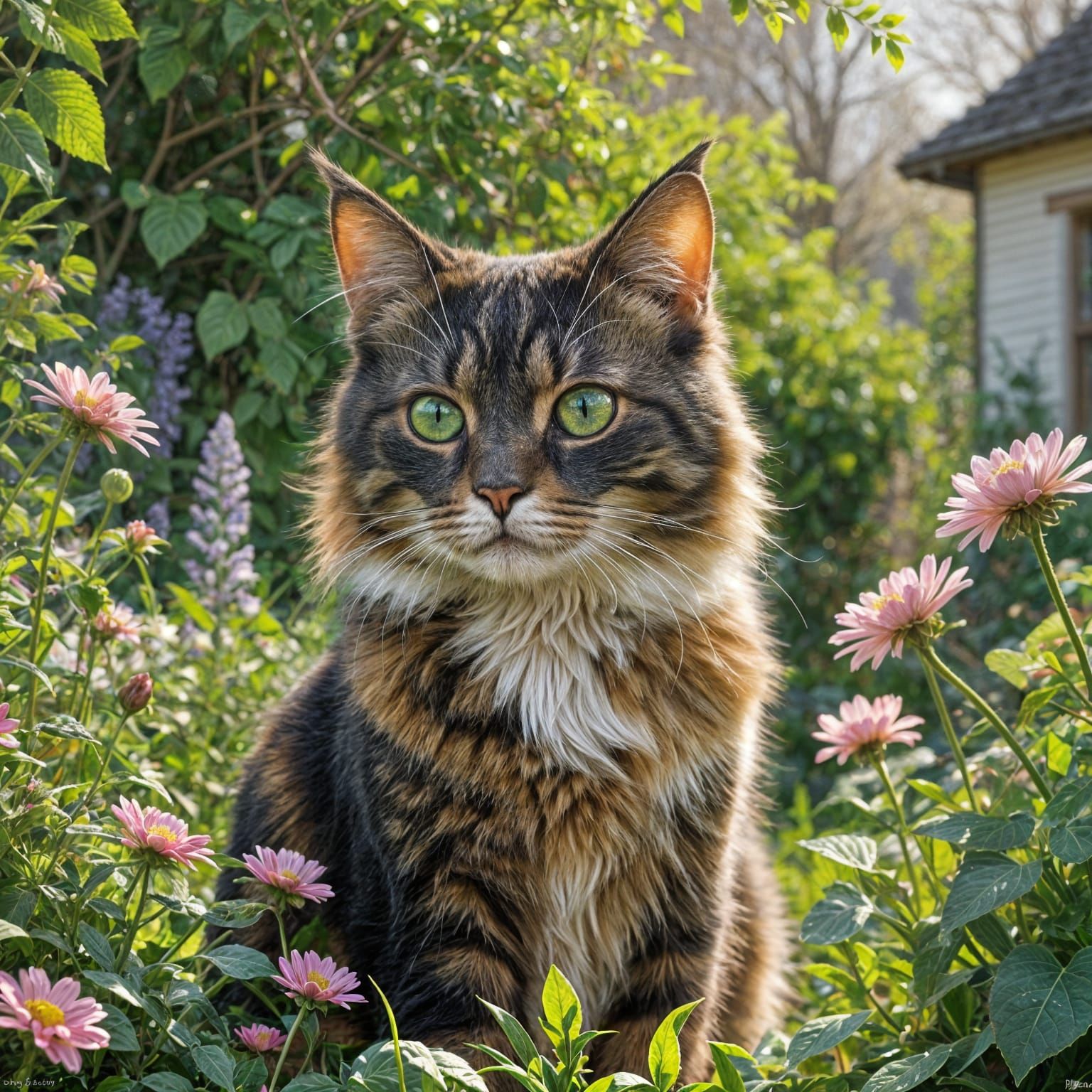 Vibrant Tortoiseshell Cat in Whimsical Spring Garden