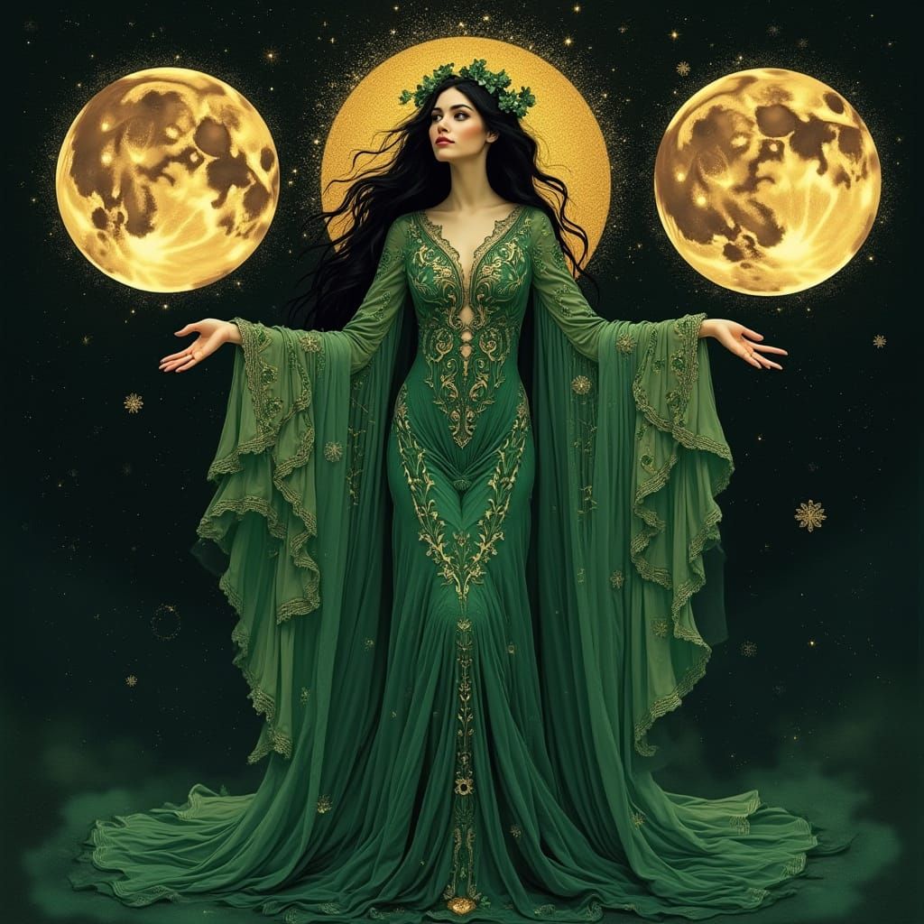 Elegant Witch in Art Nouveau Style with Glowing Moons