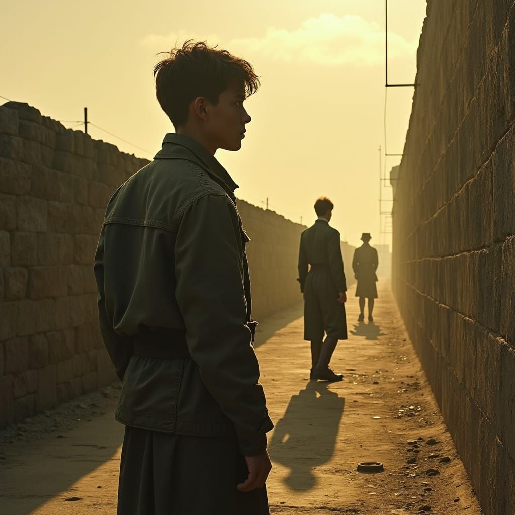 "Listless, he eyes the palisades and sentries in the glare"