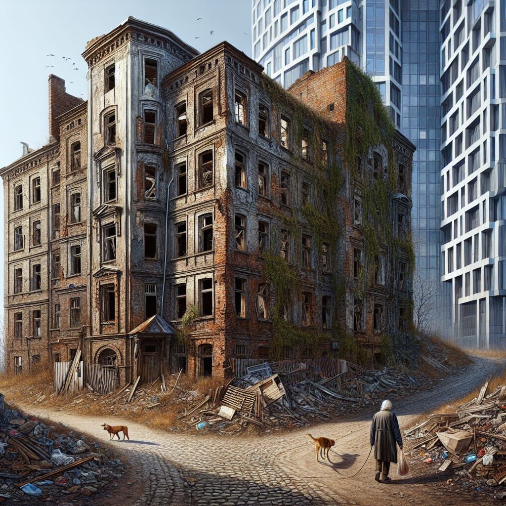 Weathered Brick Edifice with Crumbling Tower in Ruin