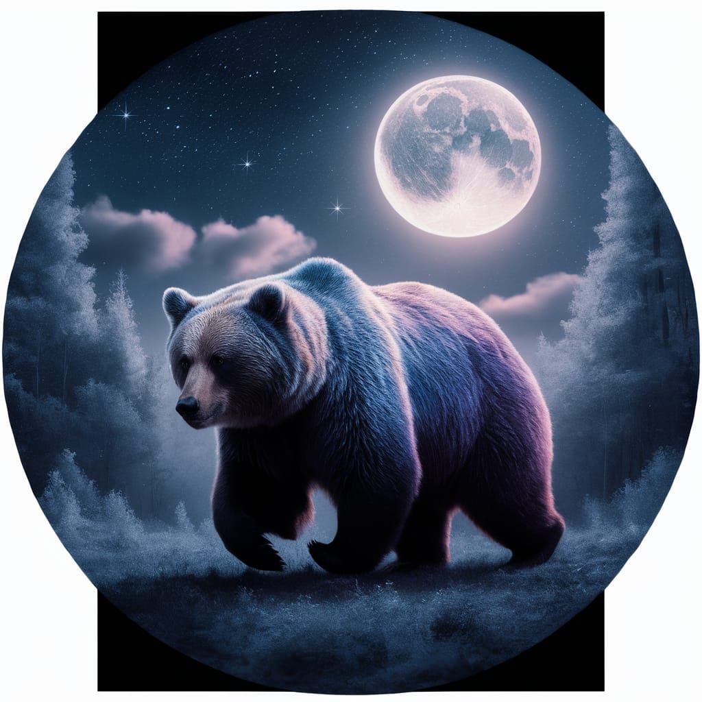 Colorful Bear Roams Under Starry Moonlit Sky