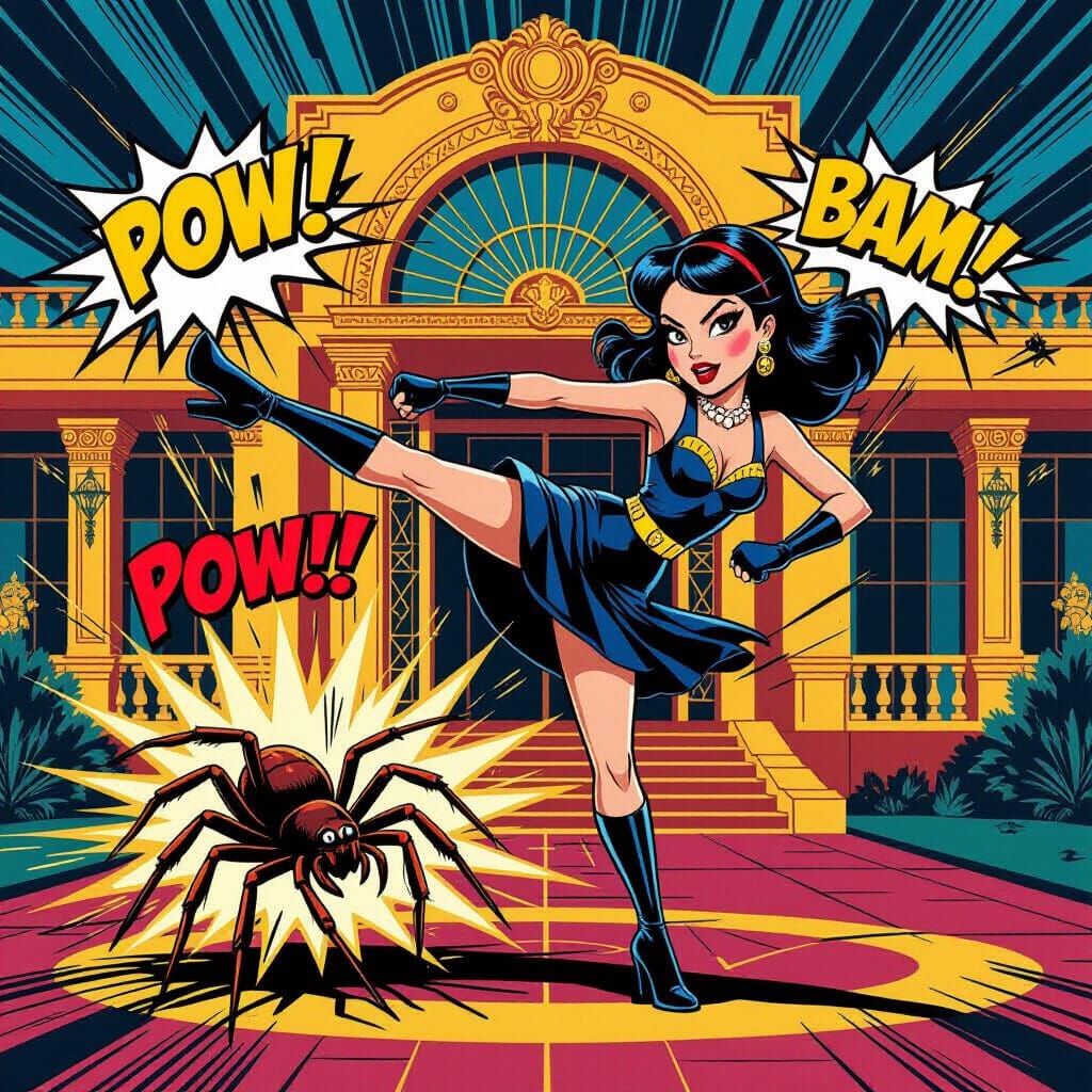 Girl Fights Giant Spider in Mexican Art Deco Style